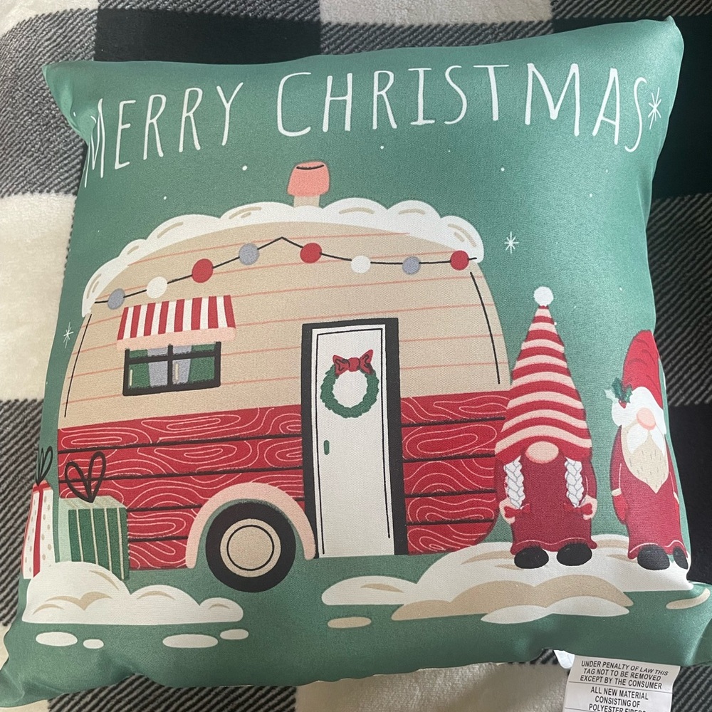 Holiday Decorative Pillow with Gnomes and Camper